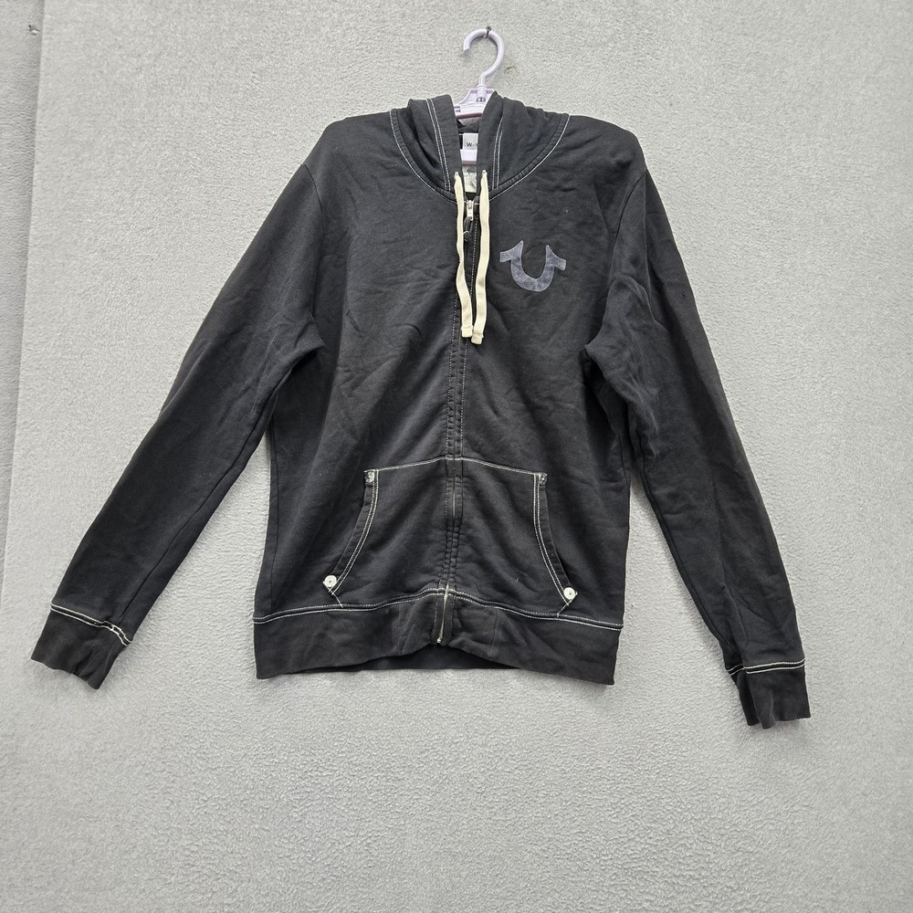 True Religion Men Hoodie L/G Black Embroidered Graphic Fleece Buddha Guitar